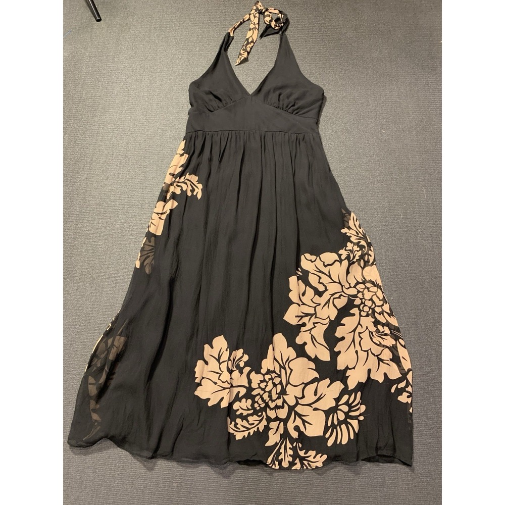 Jonathan Martin Black Gold Floral Silk Halter Dress 10 Vintage